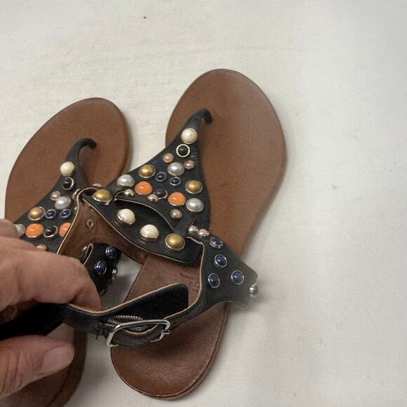 J/Slides Black Beaded Gemstone T-Strap Sandals Size EU 37 - Picture 8 of 11